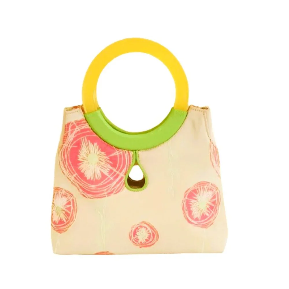 Preston & York Mod Floral Handbag. Women's Yellow Acrylic Handles Retro Satchel